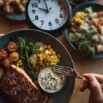 Intermittent fasting (window diet)_ clock, balanced healthy meals, person starting safely