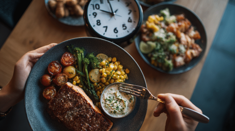 Intermittent fasting (window diet)_ clock, balanced healthy meals, person starting safely